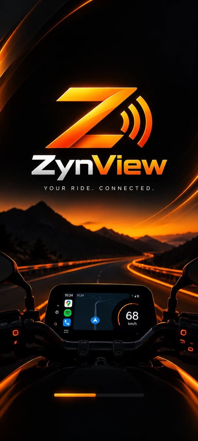 ZynView on a motorcycle dash at sunset: your ride, connected